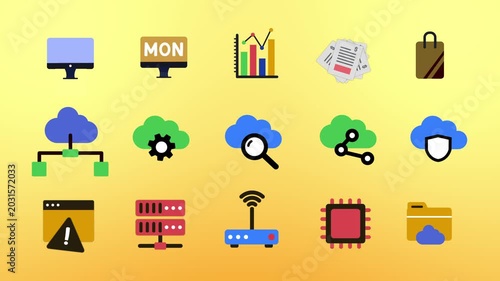 Modern flat technology and business icon set animation. featuring cloud computing, analytic, networking, cyber security, server storage, wireles, online documents, and digital services.