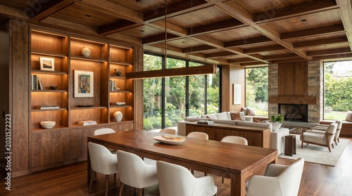 Modern dining room with long wooden table, eight upholstered chairs, wood ceiling and shelves, fireplace, art, large windows with greenery view, warm elegant atmosphere.