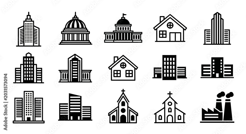 Fototapeta premium Black and white vector illustrations of various buildings and structures