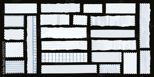 Canvastavla torn notebook paper fragments collage white lined paper on black background