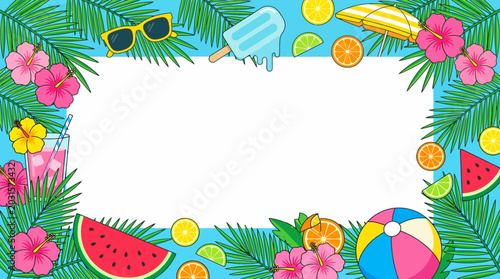 Vibrant tropical fruit border frame for summer invitations and posters with watermelon, citrus, hibiscus and palm leaves