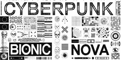 Tableau sur toile Cyberpunk collage with skulls eyes and mechanical elements in monochrome style