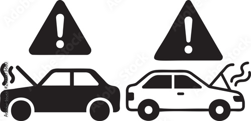 Broken car with warning sign and steam illustration.