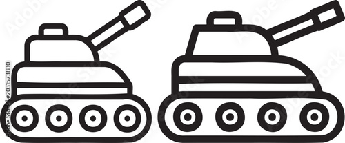 Quadro su tela Two cartoon tanks side by side simple line drawing.
