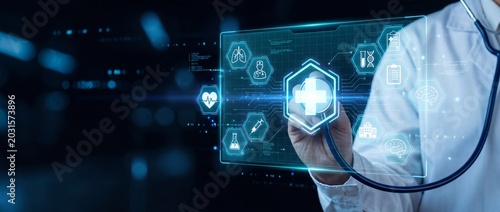 Doctor interacting with futuristic medical interface symbolizing healthcare technology and innovation