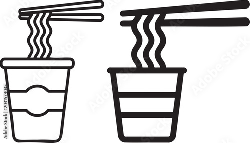 Cup noodles and chopsticks simple icons set isolated on white.
