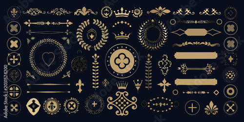 Fotografi Collection of ornate gold emblems crowns shields and laurel wreaths on a dark ba