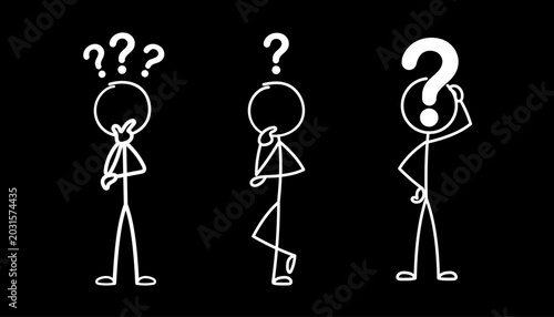 Photos Three stick figures with question marks on thinking confused