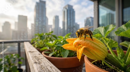 Urban balcony garden with a honeybee on a bright squash blossom
