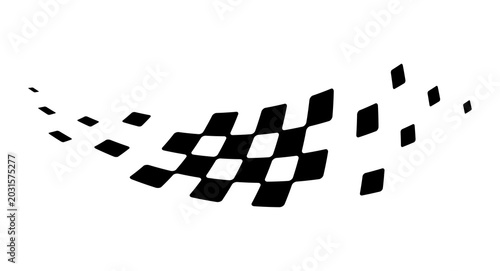 Curved checkered flag symbol, flowing racing motion graphic for motorsport decals, automotive branding and speed themed designs. PNG with transparent background