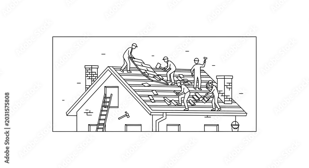 Fototapeta premium Roof Repair: Construction Workers Replacing Old Shingles on a House
