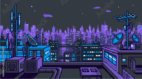 Pixel art night cityscape with rooftop antennas and communication towers
