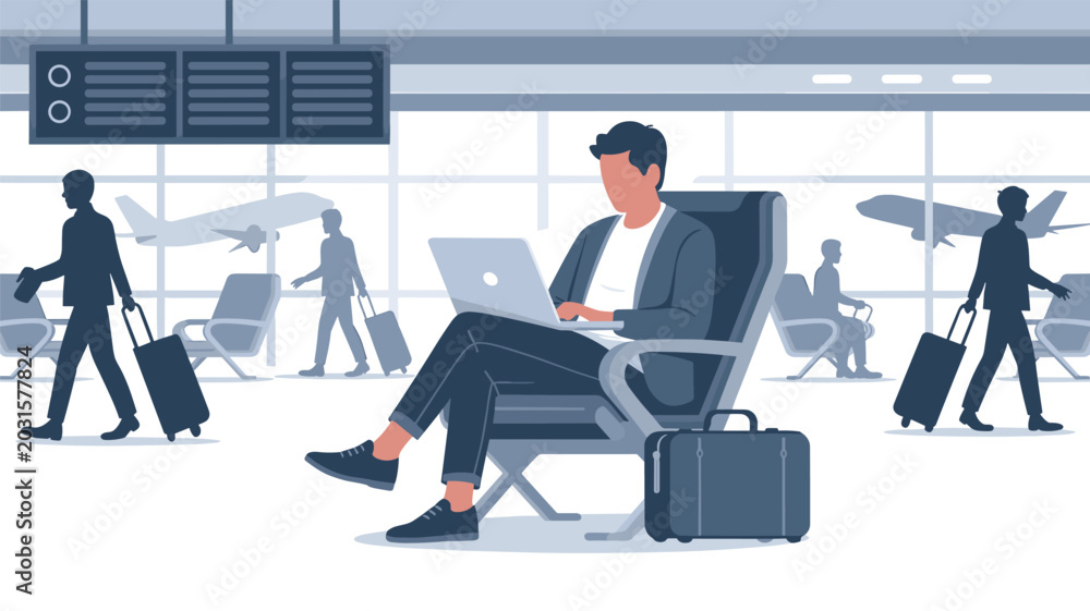 Fototapeta premium A business traveler works on his laptop computer while sitting in a comfortable chair at a busy airport terminal surrounded by people with luggage in cool tones.
