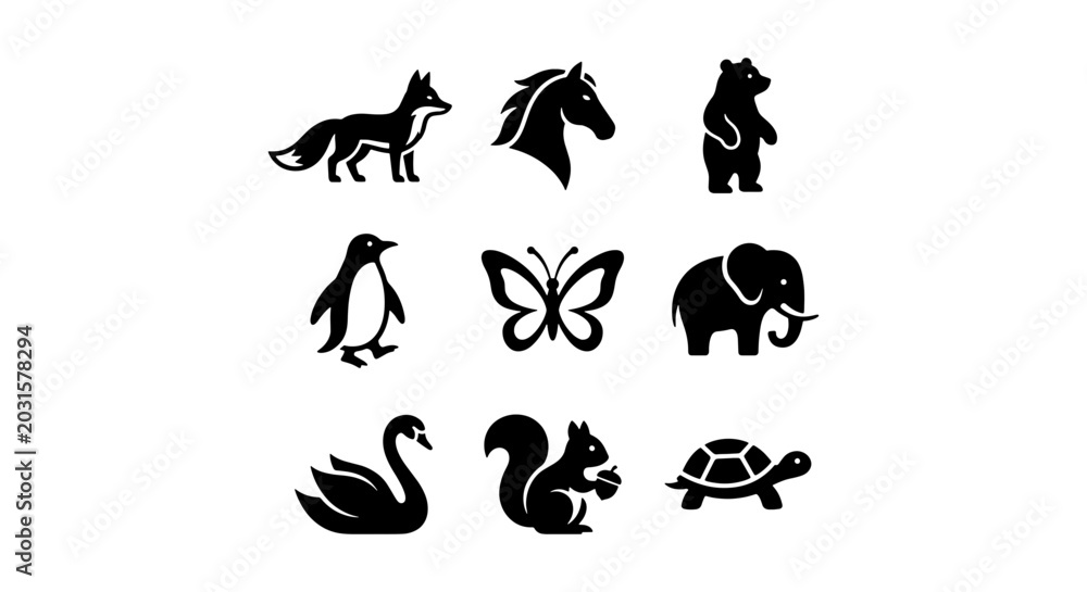 Fototapeta premium Animal Icons Set: Fox, Horse, Bear, Penguin, Butterfly, Elephant, Swan, Squirrel, Turtle