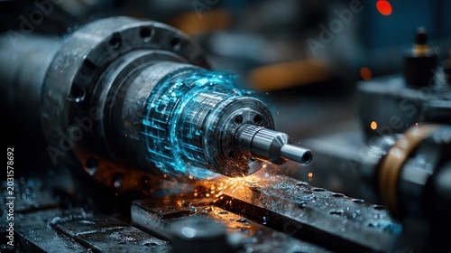 Futuristic industrial lathe with glowing digital interface and sparks flying in a dark