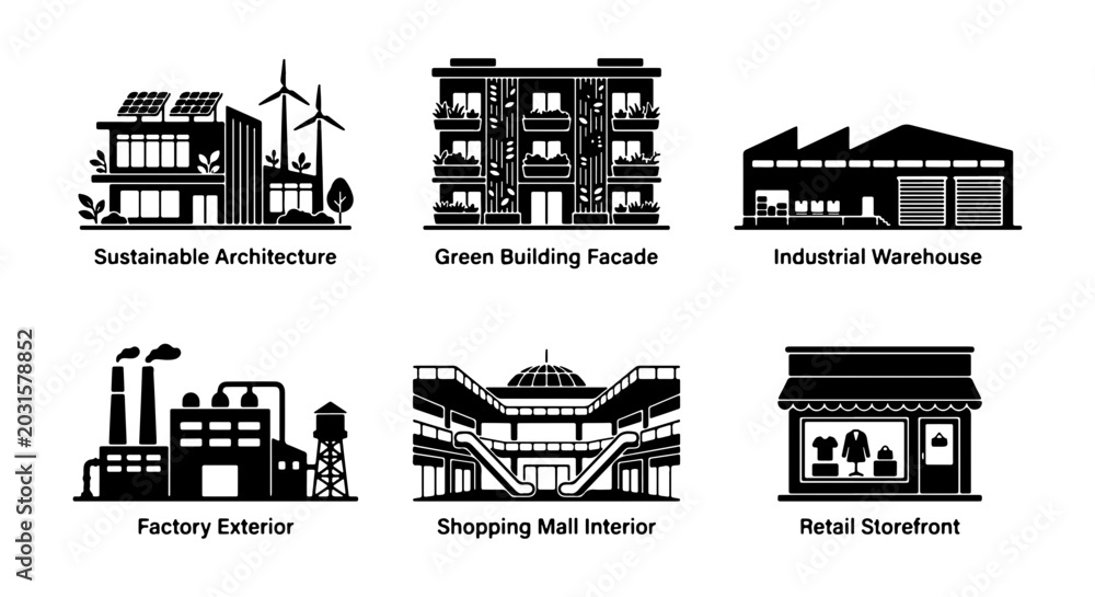 Obraz premium Modern Building Icons: Architecture, Retail, Industrial, Factory, Shopping Mall
