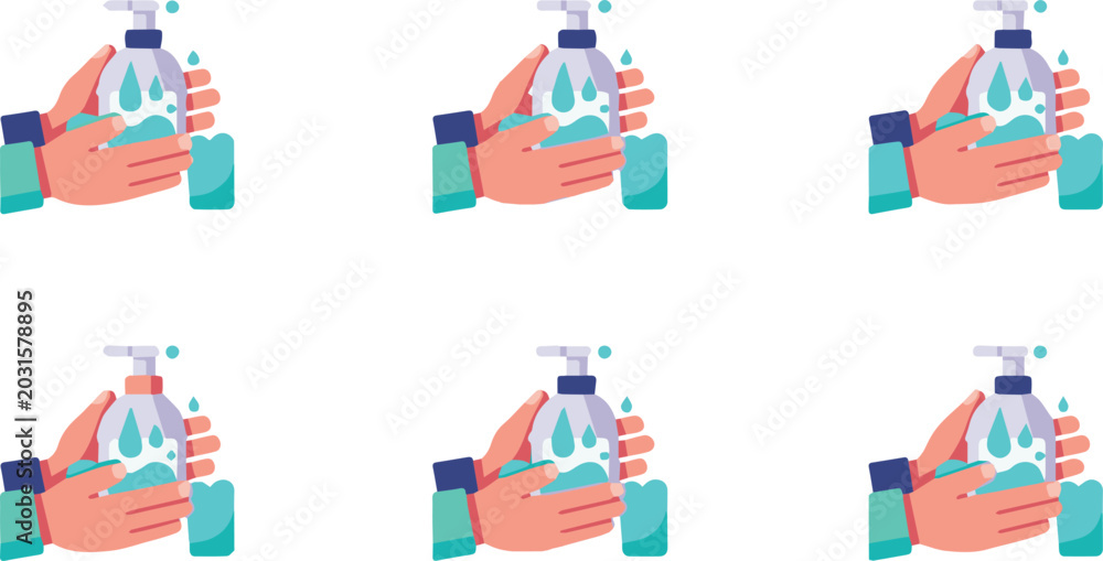 Fototapeta premium Hands dispensing sanitizer in a hygienic environment with illustrations