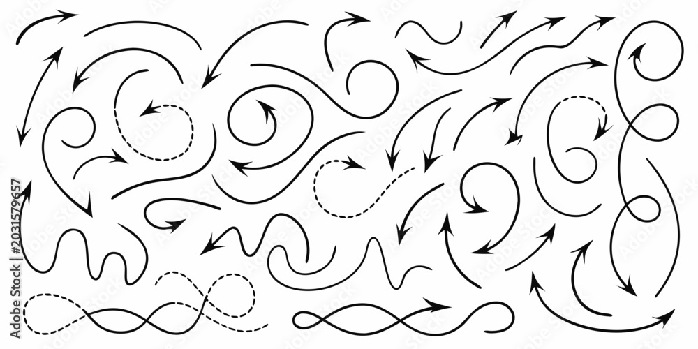 Fototapeta premium collection of black line art arrows swirling and curved on a white background