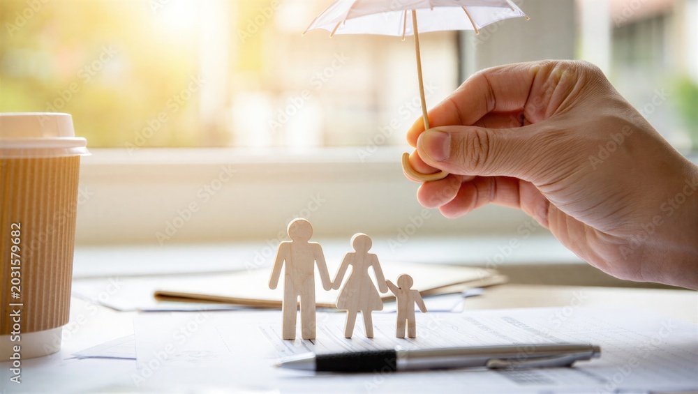 Fototapeta premium Life insurance concept showing family protection with wooden figures under umbrella on financial documents. Represents coverage, beneficiaries, income security, financial planning.