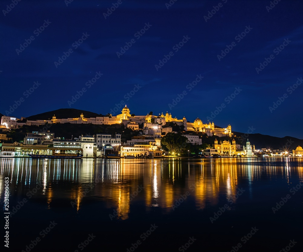 Fototapeta premium Night View of European Style Riverside Town