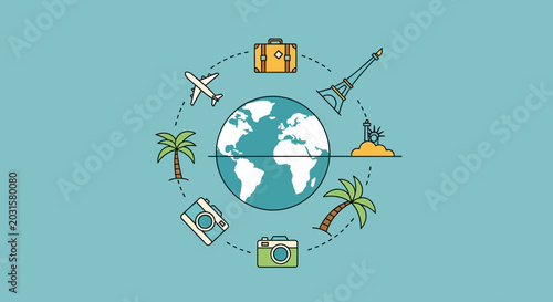 Tableau sur toile Global Travel Icons Around Earth Globe: Airplane, Suitcase, Eiffel Tower, Palm T