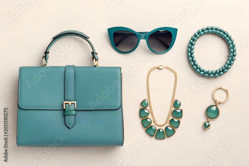 Green handbag with matching accessories set