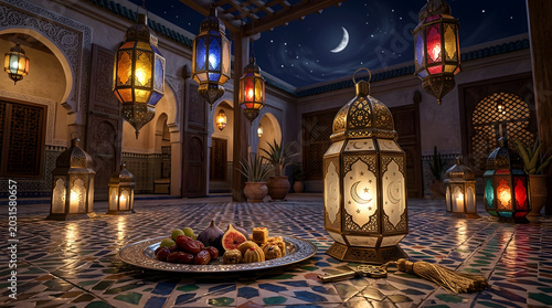 Arabic Lanterns and food in Luxury Middle Eastern Courtyard