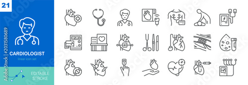 Simple Set of Cardiologist Related Vector Line Icons. Contains such Icons as Stethoscope, ECG Monitor, Defibrillator, Echocardiogram, Cardiac Surgery and more. Editable Stroke. Vector Illustration.