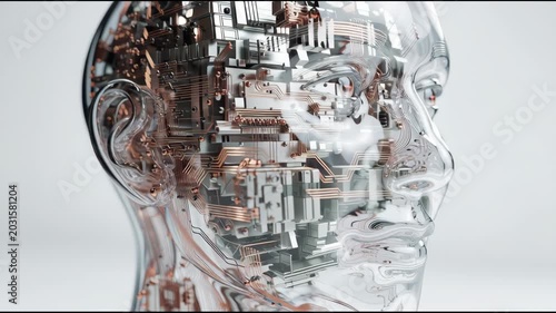 A futuristic humanoid android head with transparent circuitry on a white background. A highly realistic sci-fi technology concept.