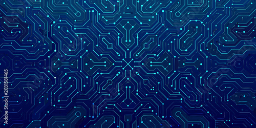 Foto abstract blue circuit board pattern with symmetrical lines and digital connectio