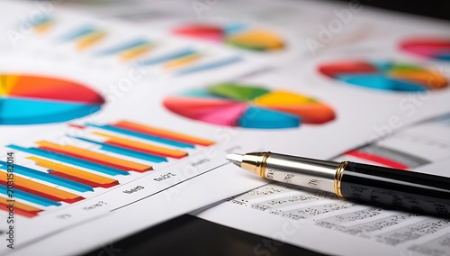 Financial reports with charts and pen on desk. Analyzing budget and data for nonprofit organization. Pie chart and bar graphs display fund distribution.