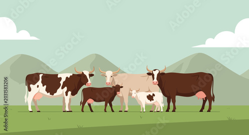 Photography Herd of cows and calves grazing in a lush green pasture with mountains in backgr