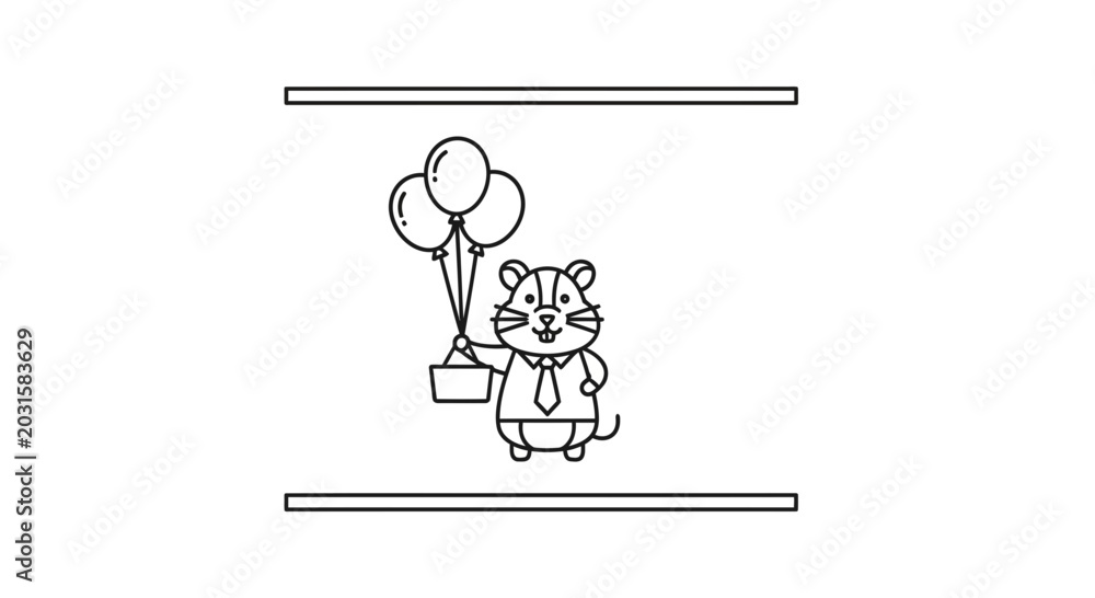 Fototapeta premium Cartoon Hamster in Suit Holding Balloons and Basket