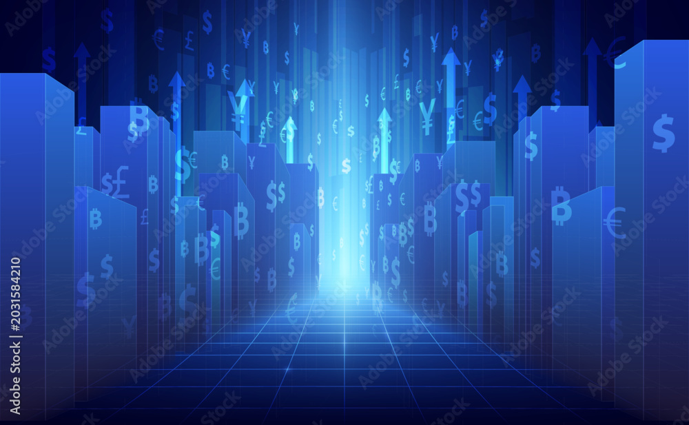 Fototapeta premium Modern Digital Illustration Showing Cryptocurrency and Financial Growth with Currency Symbols and Upward Arrows