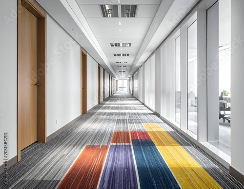 Brightly Colored Carpet in a Long Hotel or Office Hallway.
