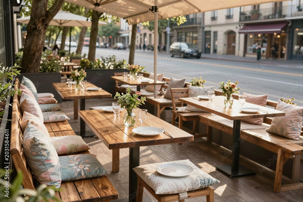 Obraz premium Restaurant terrace set with wooden tables and floral cushions