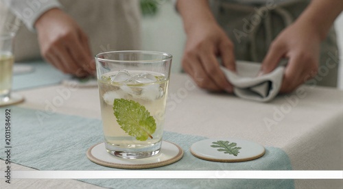 Glass with iced drink and mint resting on linen table