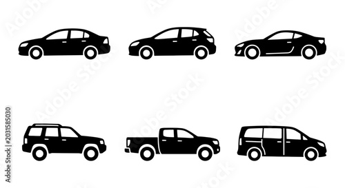 Black Car Icons Set, Vehicle Silhouettes Collection, Automotive Icons