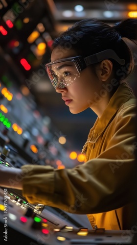 Female technician operates advanced control panel in emergency power setting