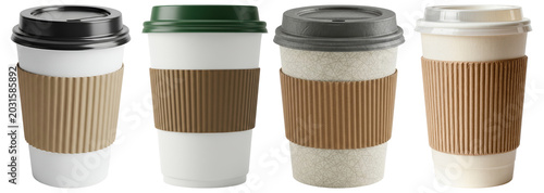 Tableau sur toile Variety of insulated takeaway coffee cups with lids and sleeves, isolated raster photograph
