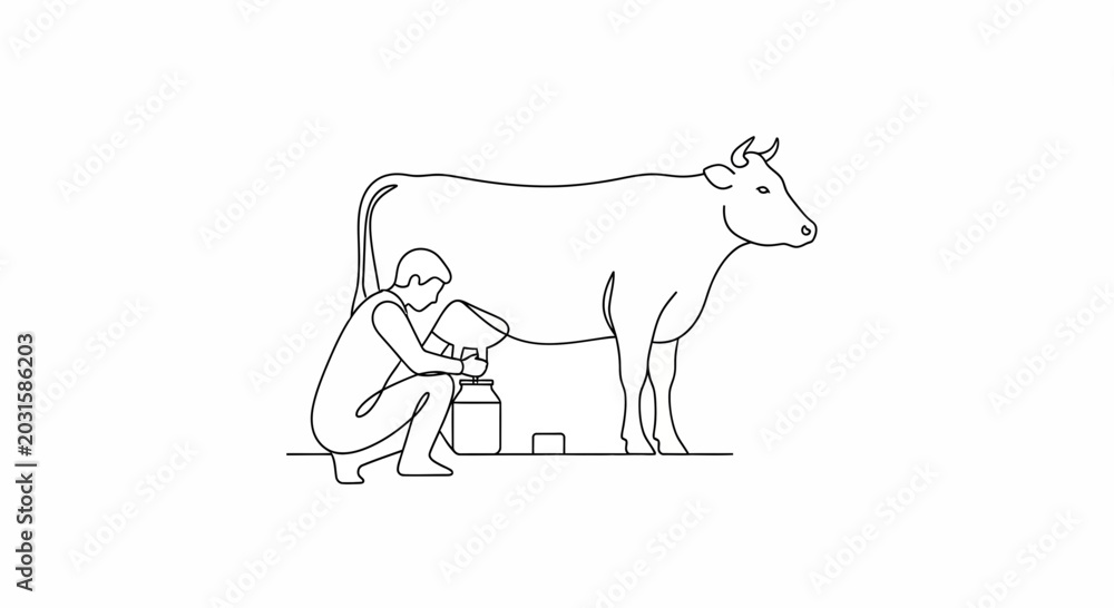 Fototapeta premium Farmer Milking Cow by Hand into Bucket, Traditional Dairy Farming, Rural Life