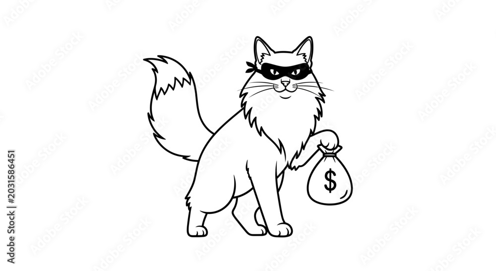Fototapeta premium Thieving Cat Bandit with Money Bag, Cartoon Vector Illustration