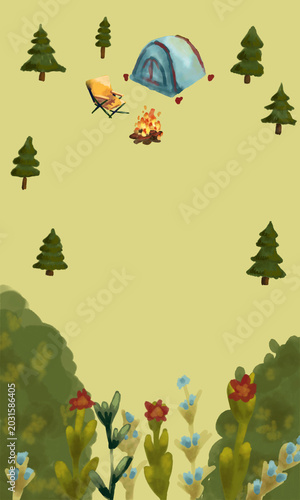 Watercolor Camping Poster with Tent in Forest