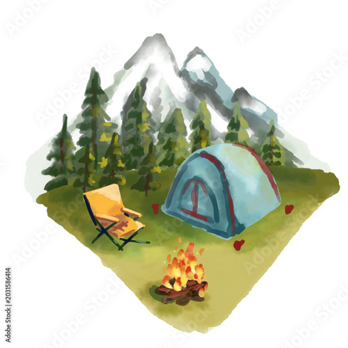 Cute Hand Drawn Camping Scene Illustration