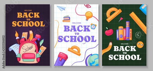 Colorful back to school poster collection with backpack, stationery, ruler, globe and education elements in cartoon style for student learning and classroom design