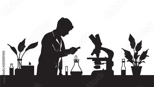 Scientist Working in Laboratory with Microscope and Plants Silhouette Vector Illustration