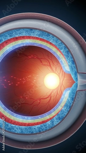Anatomy of the Human Eye: A cross-section of the human eye reveals the intricate layers and internal structures, including the retina and optic nerve, depicted in vibrant detail.