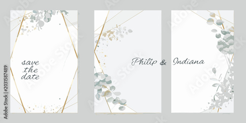 Schilderij op canvas watercolor and gold foil triptych with eucalyptus leaves and calligraphy script