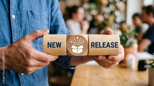 Person holding wooden blocks showing a new release announcement with a gift box icon in this professional marketing business photograph