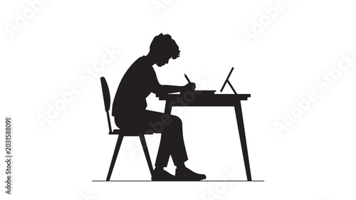 Student Sitting at Desk Writing and Studying Silhouette Vector Illustration